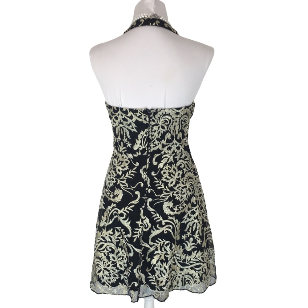 Windsor Halter Black Gold Embroider Open Back Fit n Flare Mini Dress sizE 3 - Picture 8 of 12